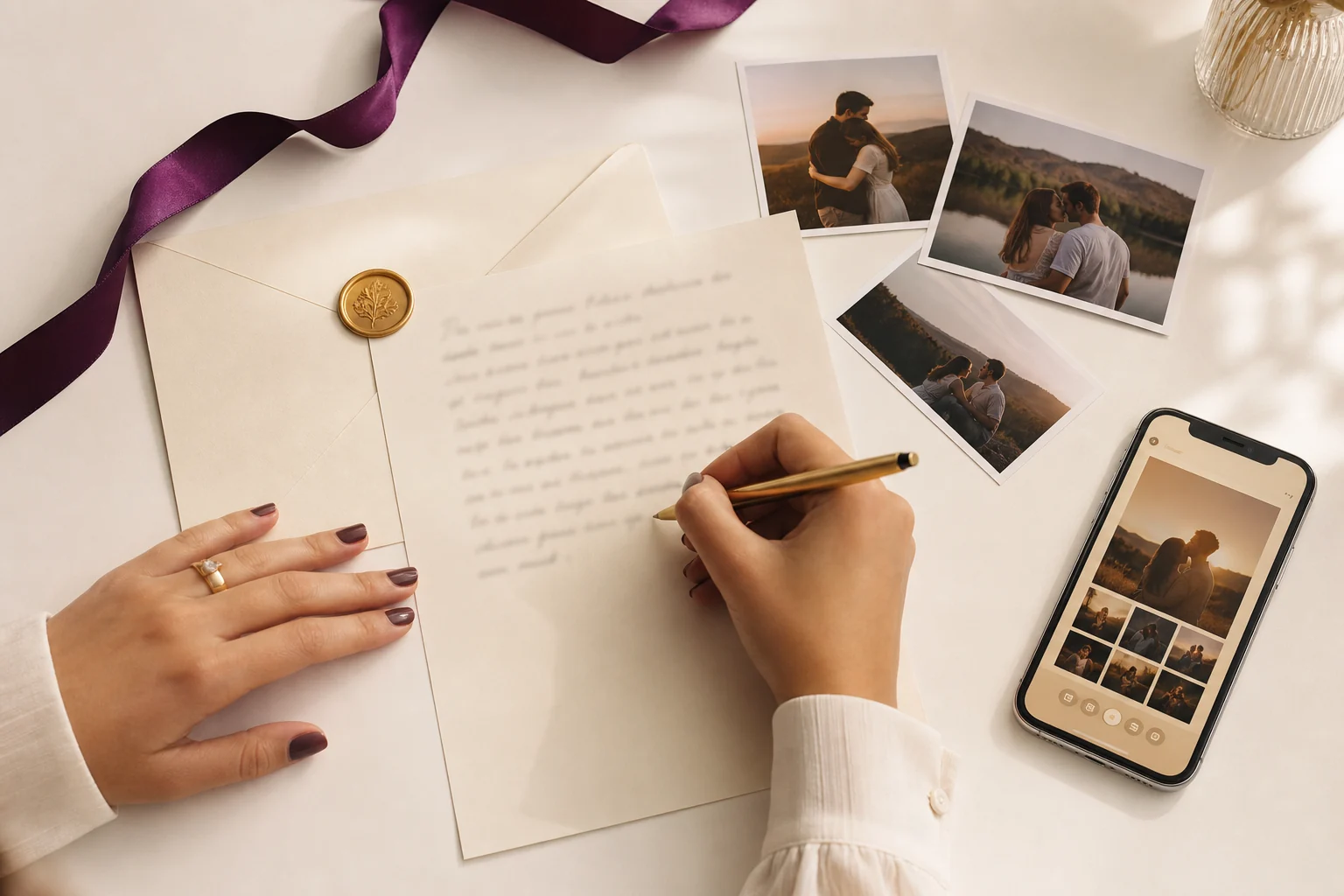 Pessoa escrevendo uma carta de aniversário de namoro ao lado de fotos do casal e celular com página romântica
