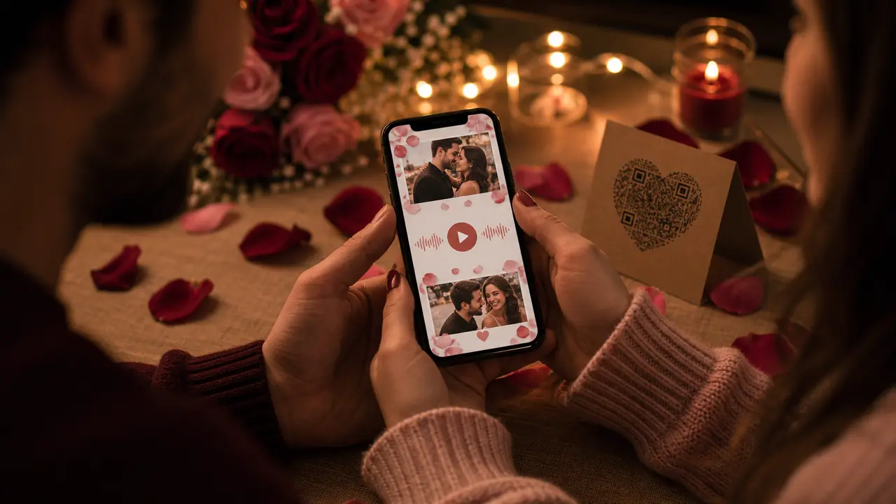 Mãos segurando celular com cartão virtual romântico aberto, com fotos de casal e botão de música