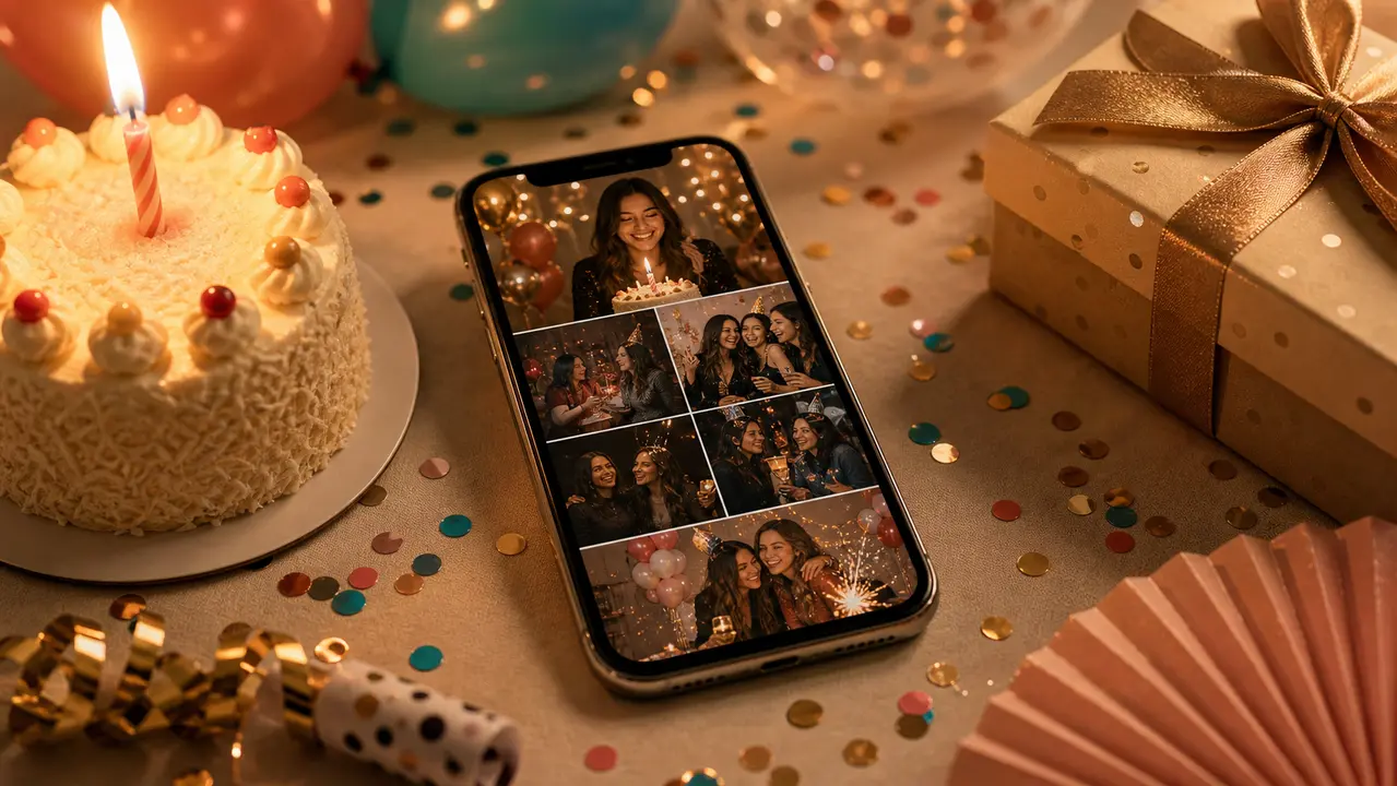 Celular com fotos de comemoração ao lado de bolo, velas e presente embrulhado
