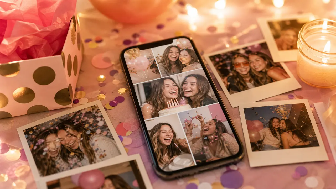 Celular com colagem de fotos de duas amigas sorrindo, entre fotos impressas, confetes e vela
