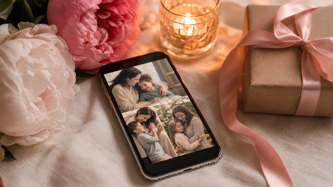 Celular exibindo fotos de mãe com os filhos, cercado de peônias, vela e presente com laço rosa