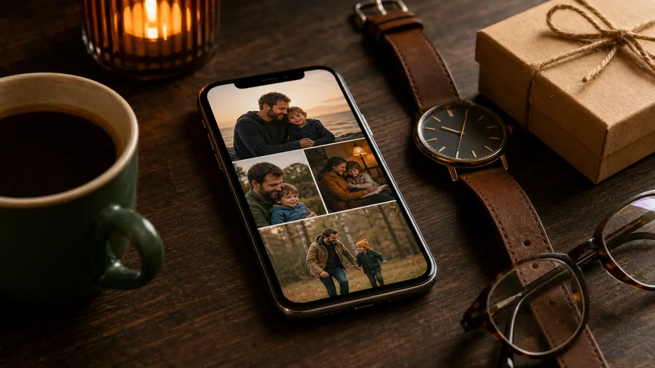 Celular mostrando fotos de pai com a família ao lado de cartão e presente embrulhado
