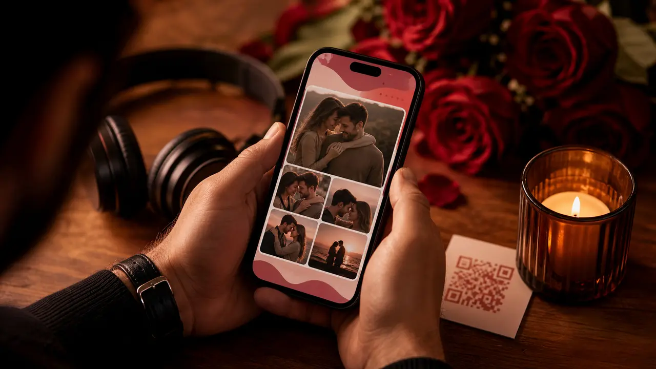 Celular mostrando página romântica com fotos de casal, ao lado de fones de ouvido e um cartão com QR Code